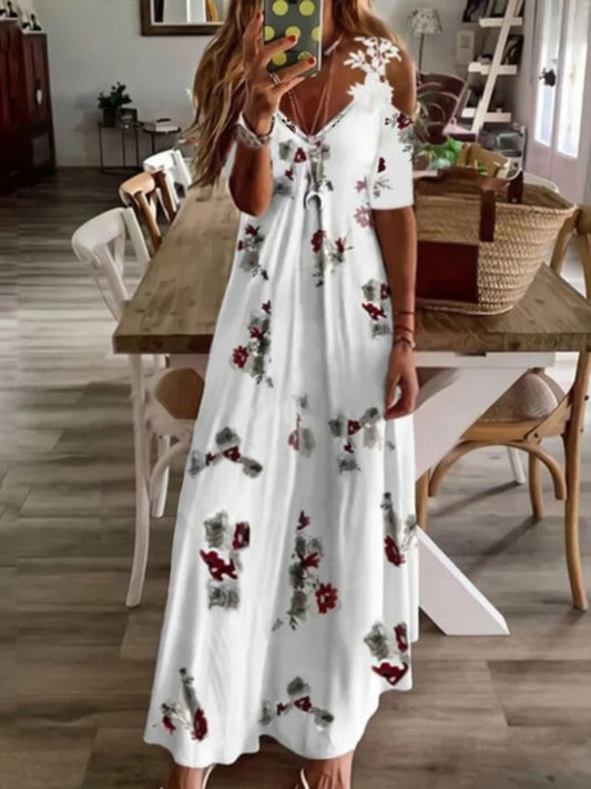 Casual Floral Short Sleeve V Neck Plus Size Printed Dress
